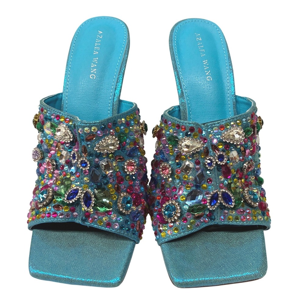 Azalea Wang Aquatina Embellished Slide Sandals Womens 6.5 Blue Rhinestone Party - Picture 2 of 14